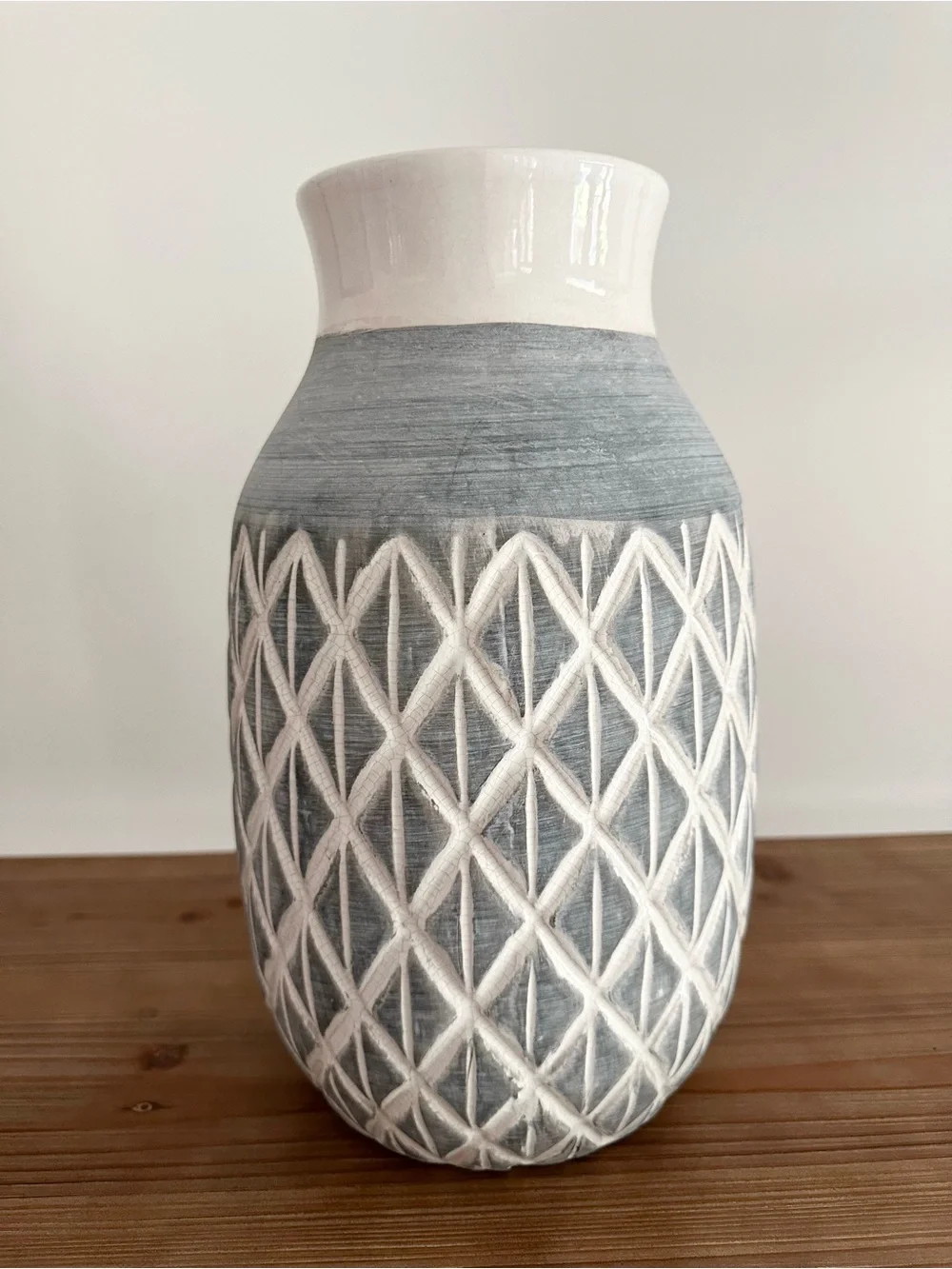 Textured Ceramic Vase in Gray Blue and White Diamond Pattern